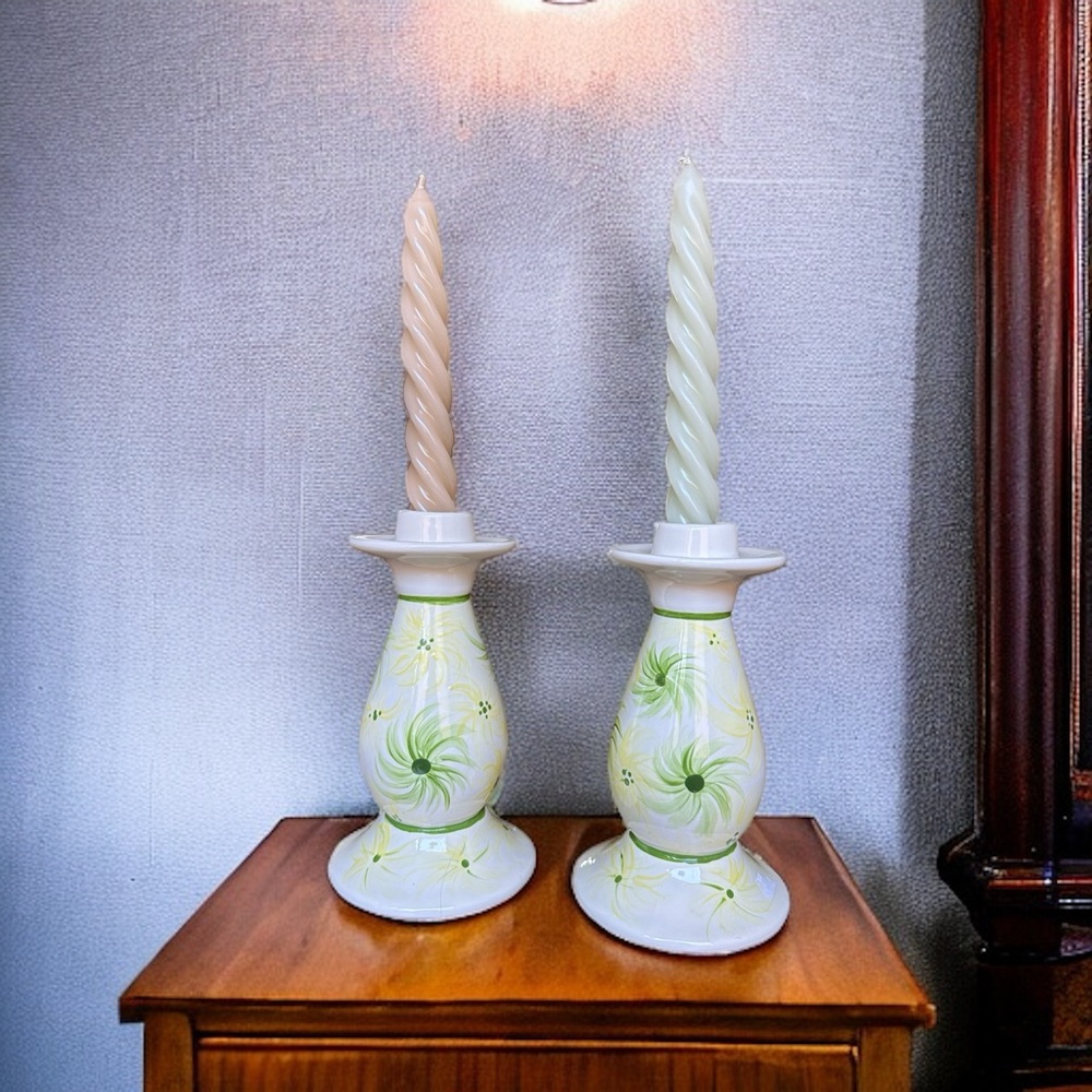 Hand Painted Floral Ceramic Taper Candle Holders Set of 2 Green White Yellow 6in